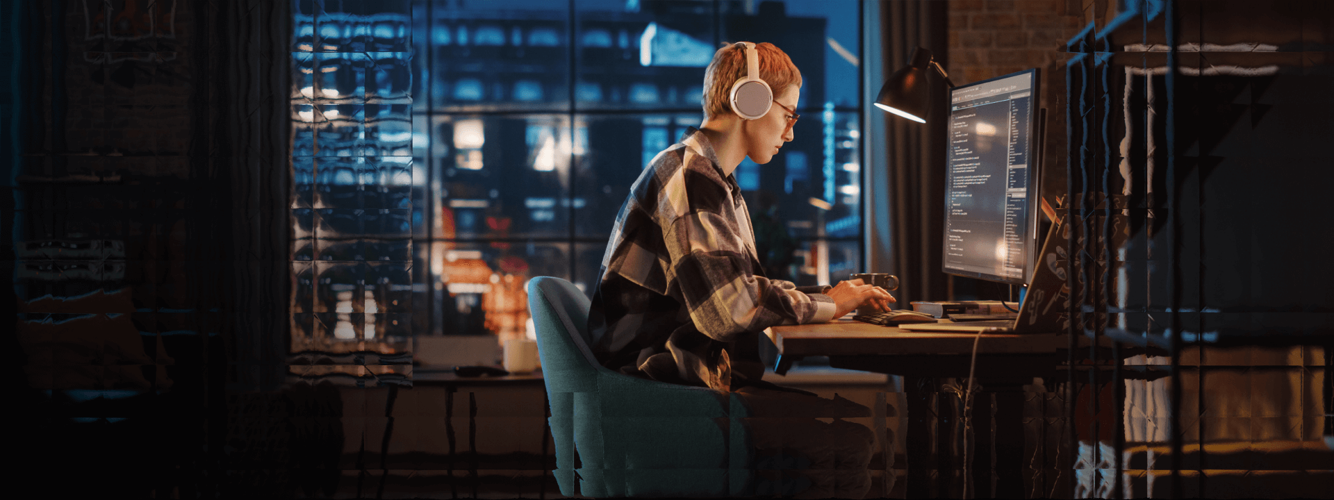 An at-home agent working on their desktop machine at night