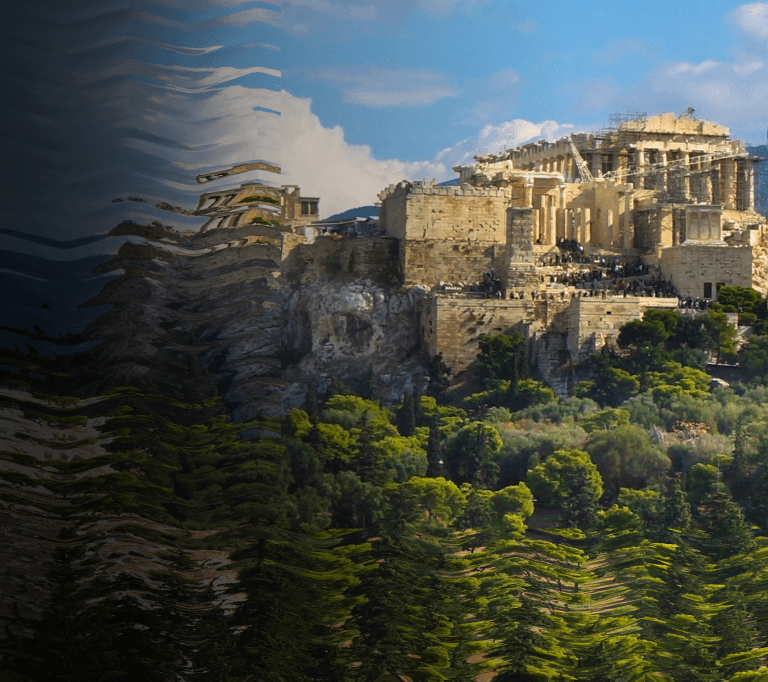 A wide shot of historic Athens with the Acropolis in the background