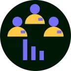 A group of employees with a climbing bar graph