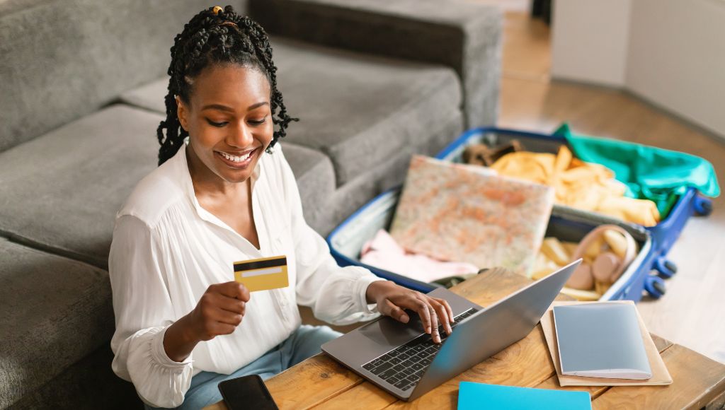 Woman looking at her credit card