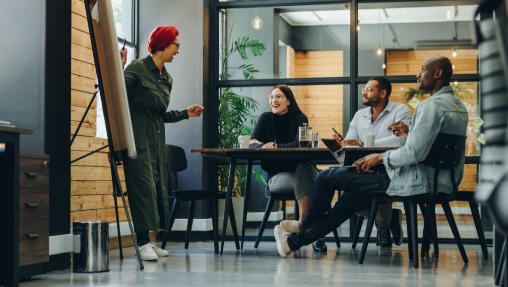 Group of colleagues having a team meeting