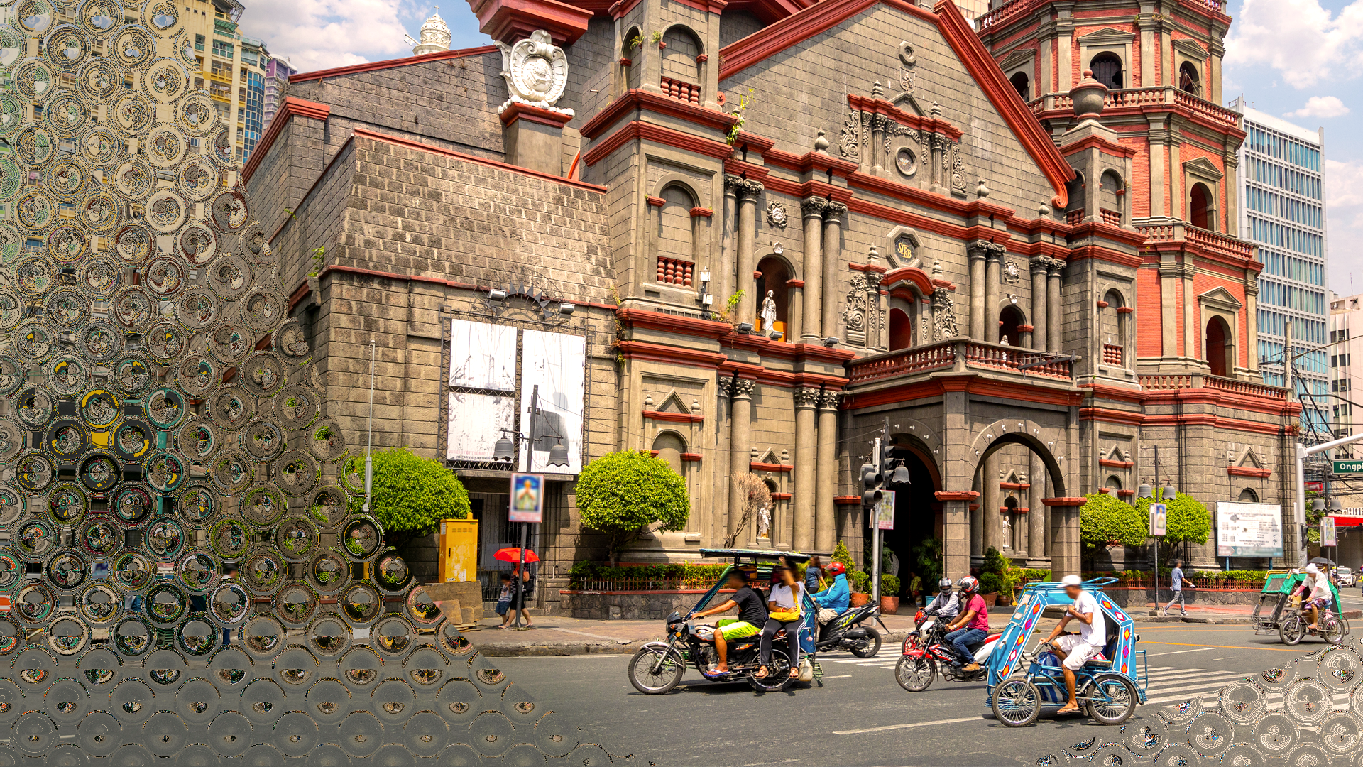 Image of a Philippine church with tricycles passing in front.