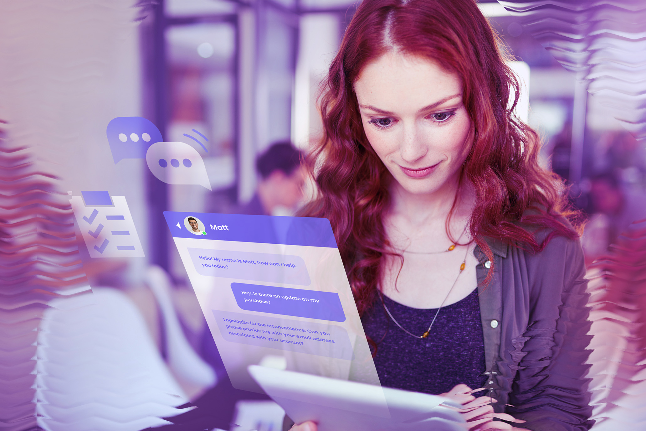 Image of a woman chatting via her tablet with a chat visual