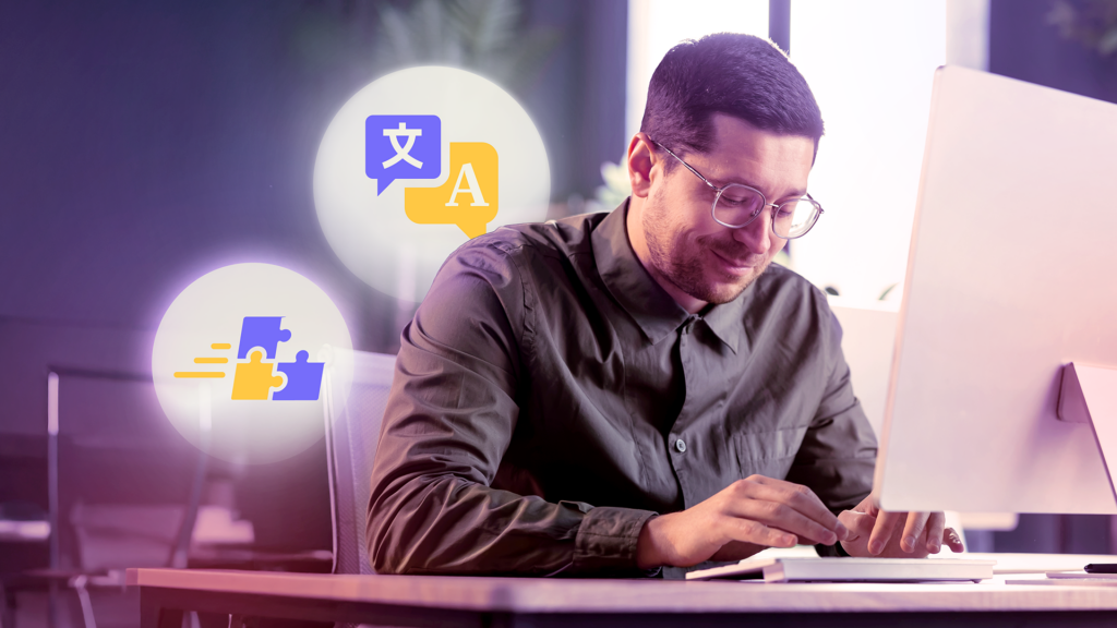 Man working, translation icons