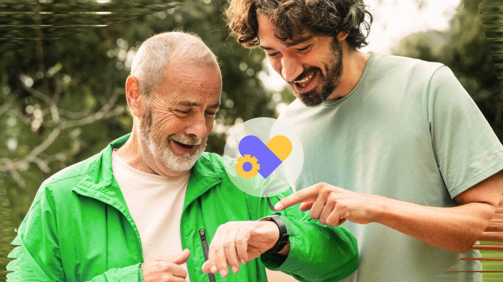 Older man showing smartwatch